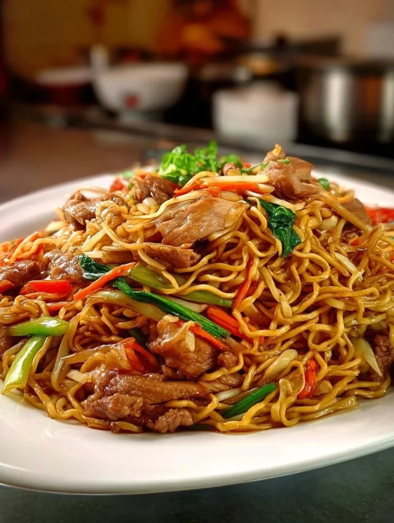 Delicious plate of Chicken Chow Mein with chicken, vegetables, and noodles.