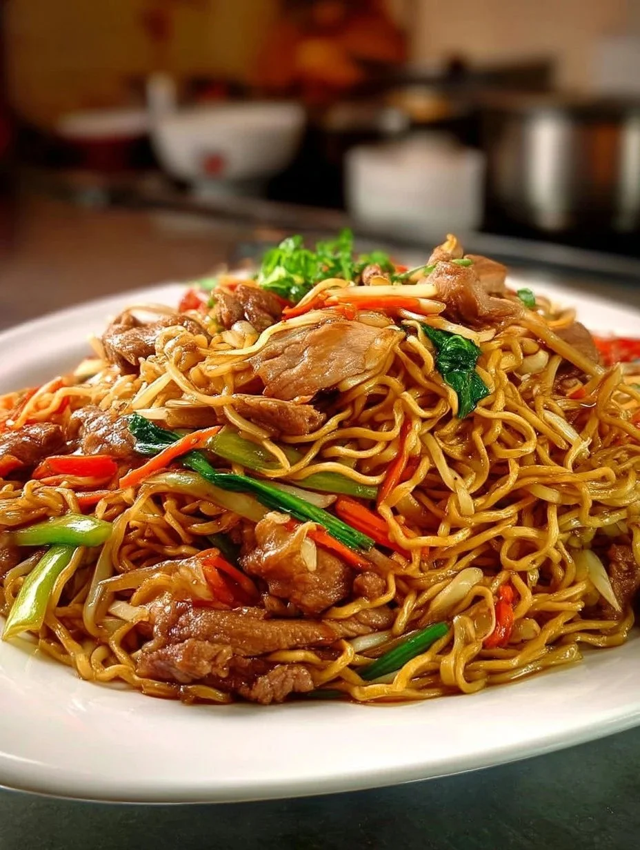 Delicious plate of Chicken Chow Mein with chicken, vegetables, and noodles.