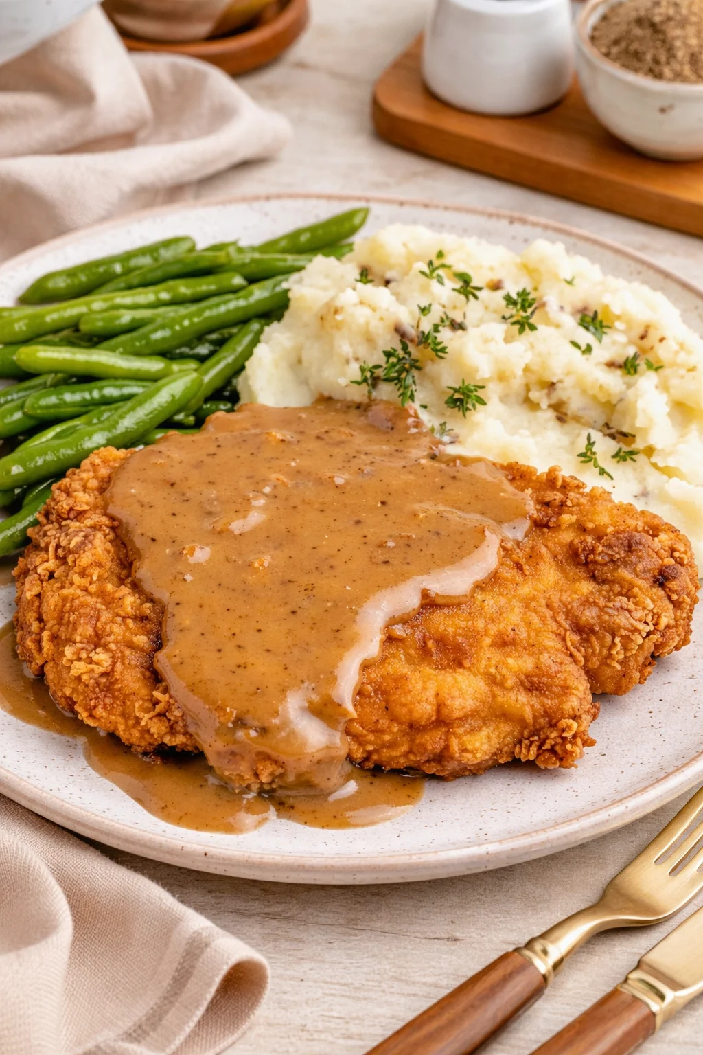 Delicious chicken-fried steak served with creamy gravy and side dishes
