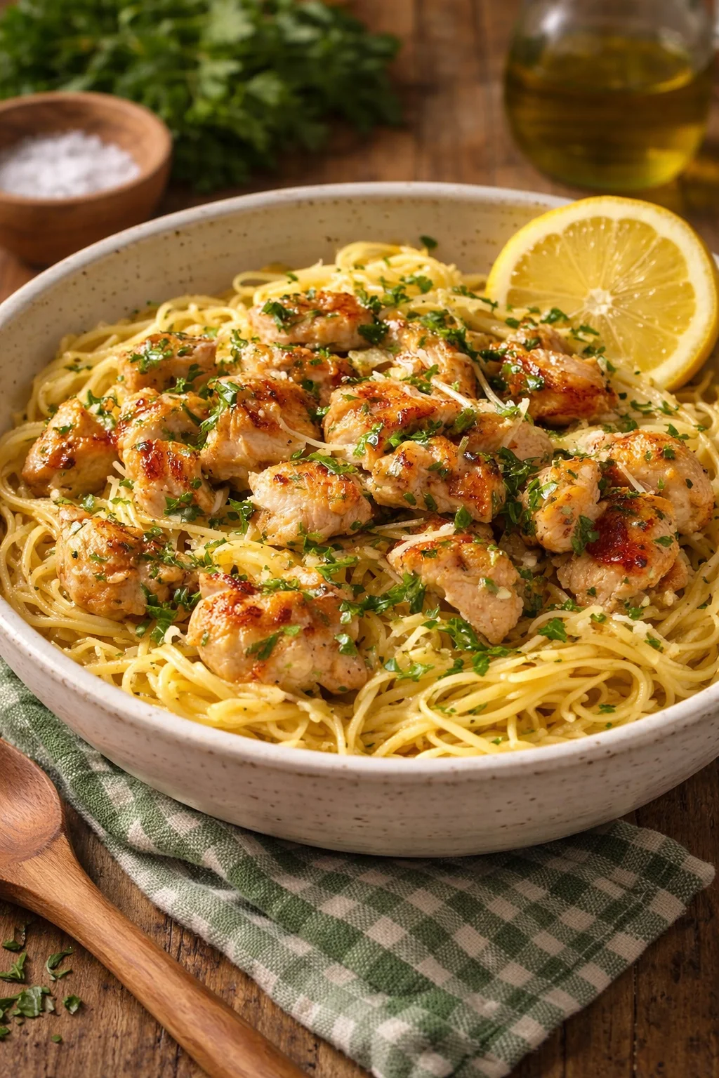 Chicken Scampi Plate of Chicken Scampi garnished with parsley and lemon slices