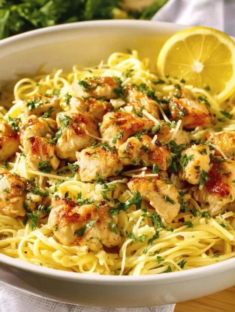 Delicious Chicken Scampi served with pasta and herbs.