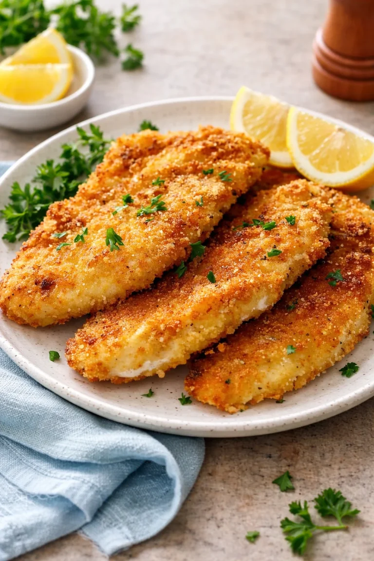 Crispy Chicken Schnitzel served with lemon and parsley garnish
