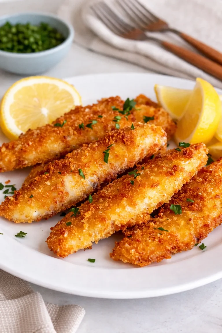 Chicken Schnitzel Deliciously crispy Chicken Schnitzel served with lemon and parsley.