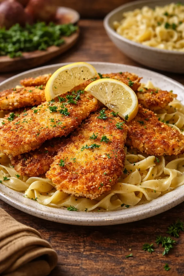 Chicken Schnitzel Crispy Chicken Schnitzel served with lemon wedges and a fresh salad