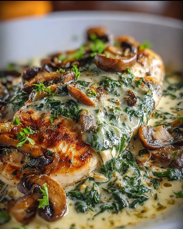 Chicken, spinach, and mushroom bake served in a casserole dish