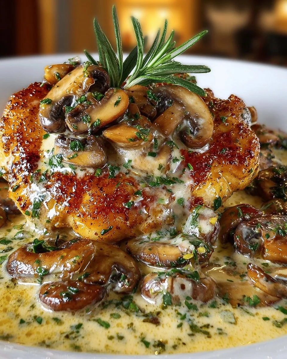 Plate of chicken with garlic mushroom sauce garnished with herbs
