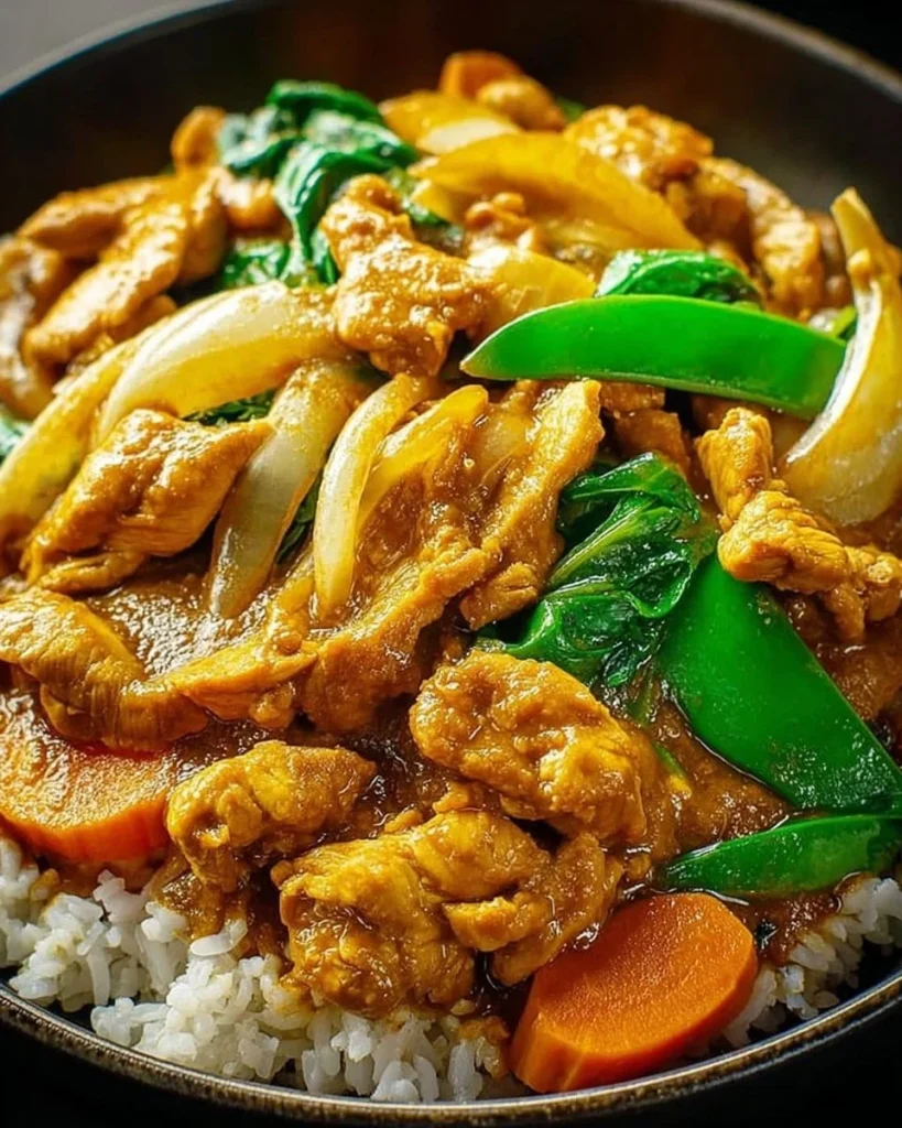 Delicious plate of Chinese Curry Chicken with vegetables and rice
