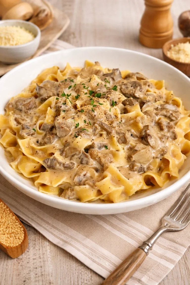 Classic beef stroganoff served with egg noodles and garnished with parsley