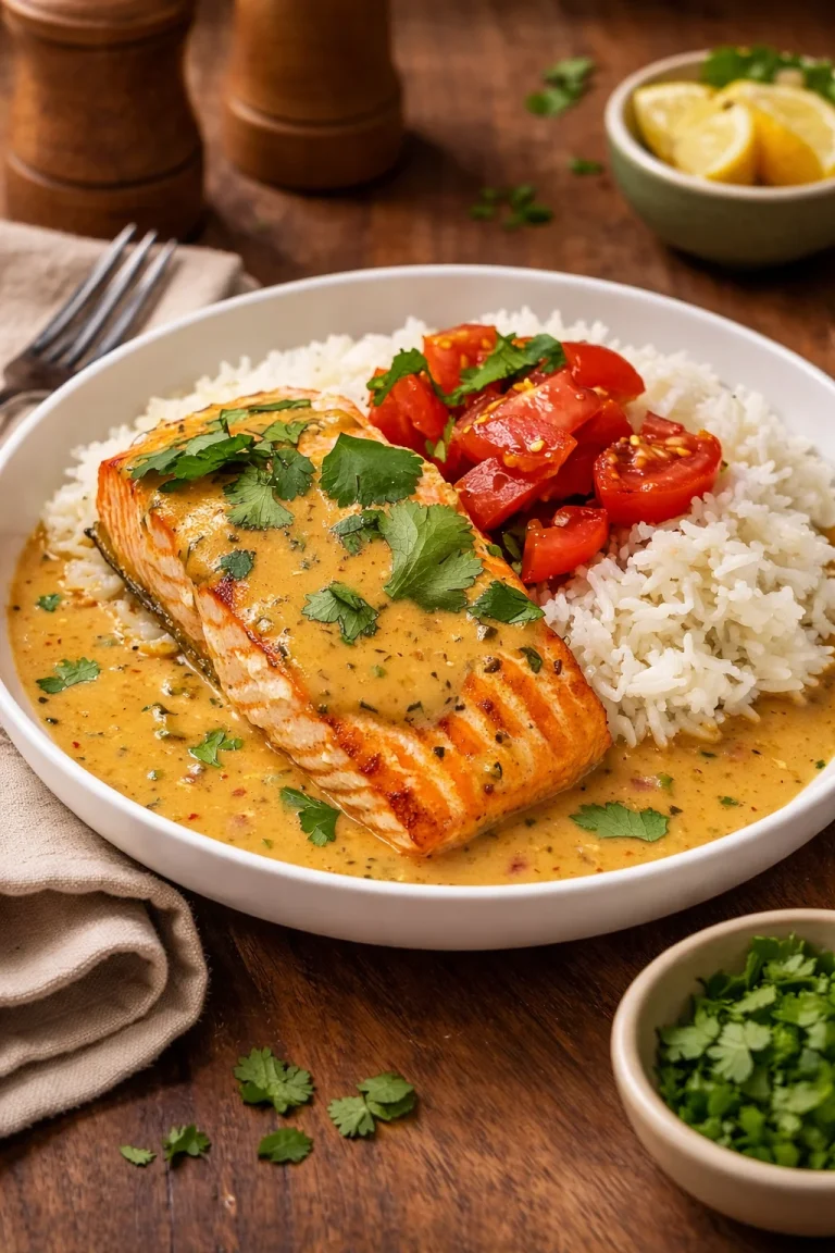 Coconut Curry Salmon with Jasmine Rice Coconut curry salmon with jasmine rice served in a bowl