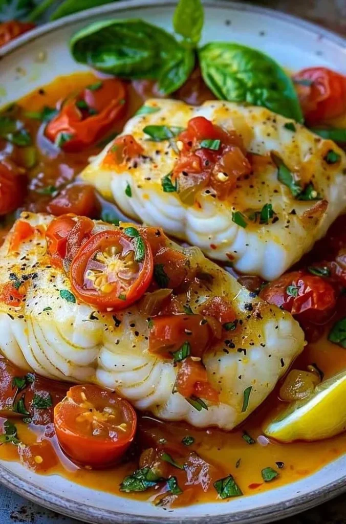 Delicious cod fillets in tomato lemon butter sauce served on a plate