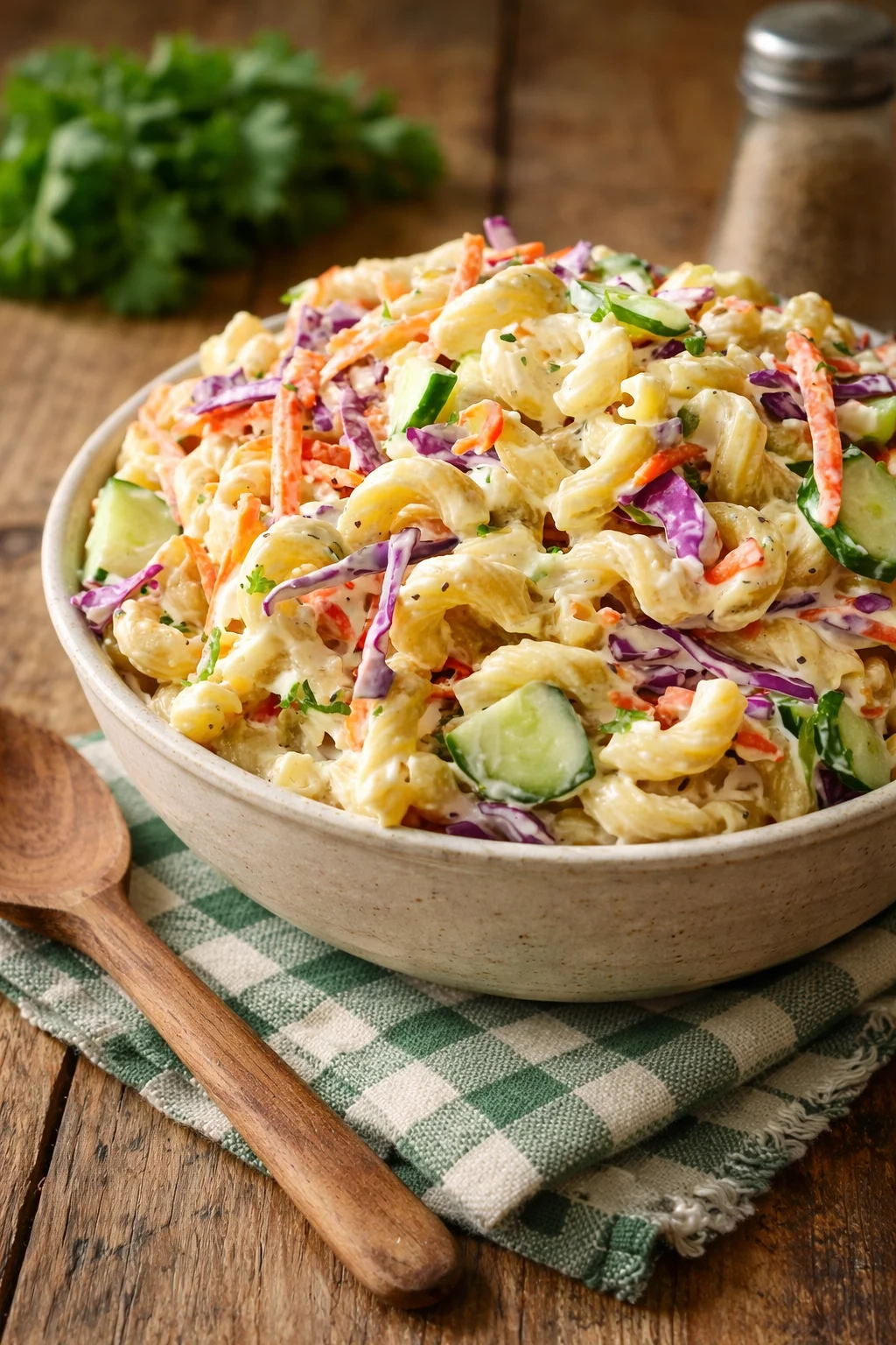 Coleslaw Pasta Salad Coleslaw pasta salad with fresh vegetables and dressing, served in a bowl.