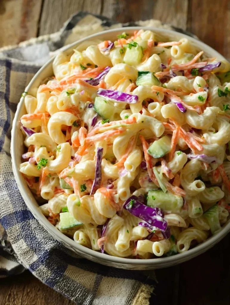 Delicious coleslaw pasta salad with cabbage and pasta in a creamy dressing.