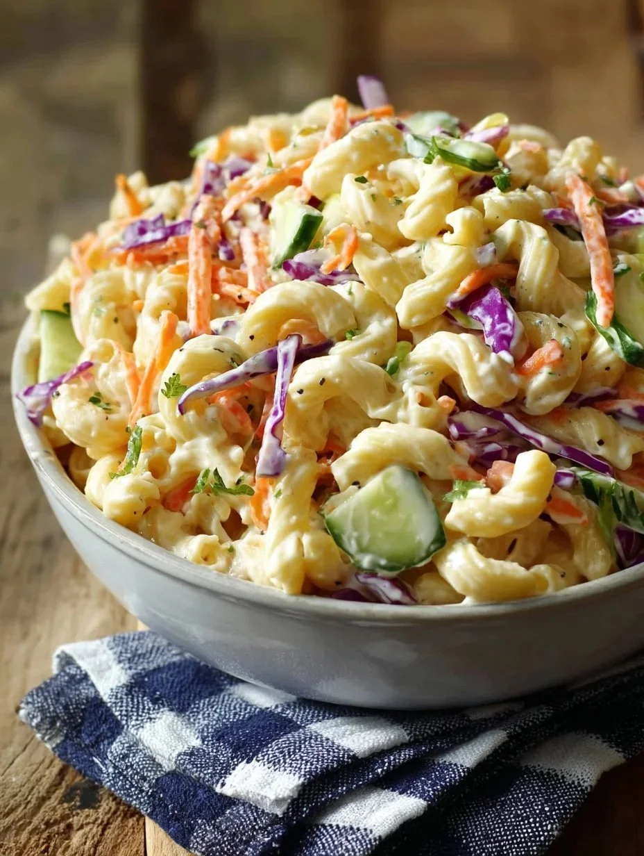 Delicious coleslaw pasta salad served in a bowl with fresh ingredients