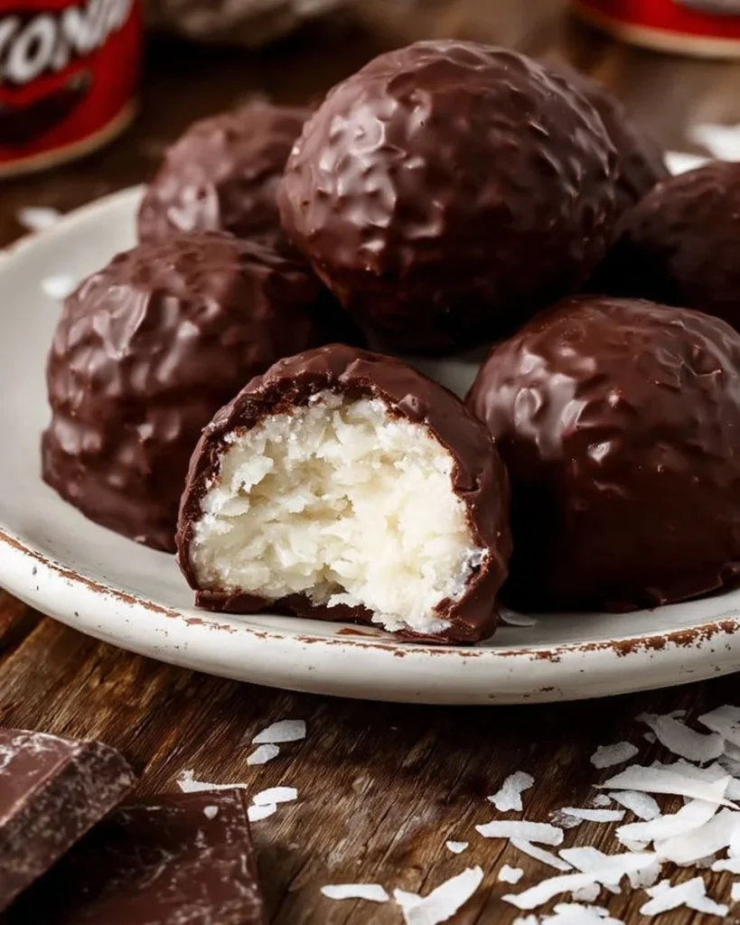 Delicious homemade copycat Mounds coconut balls arranged on a plate.