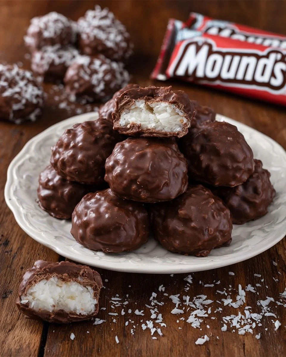 Delicious Copycat Mounds Coconut Balls made with chocolate and coconut.