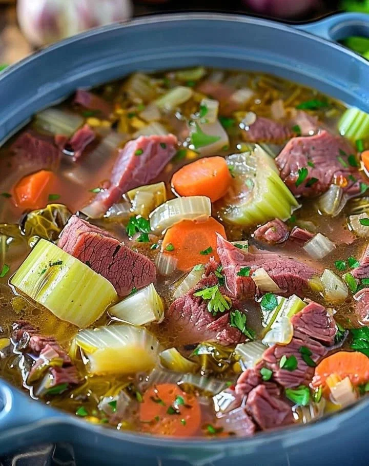 Bowl of corned beef and cabbage soup garnished with fresh parsley