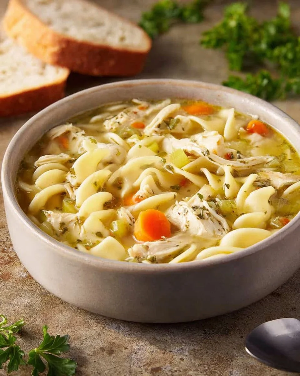 Bowl of cozy chicken noodle soup with vegetables and herbs