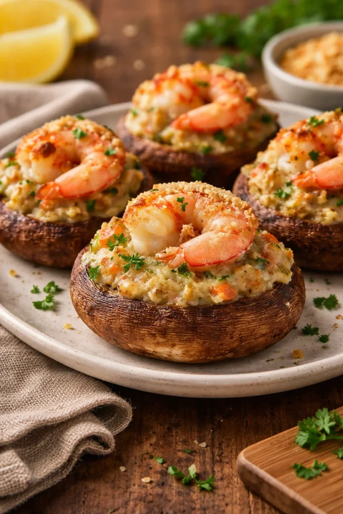 Delicious crab stuffed mushrooms baked to perfection, a perfect appetizer.