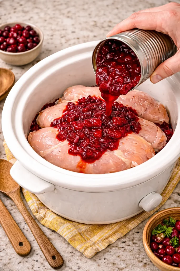 Cranberry-sauced slow-cooker chicken served on a plate