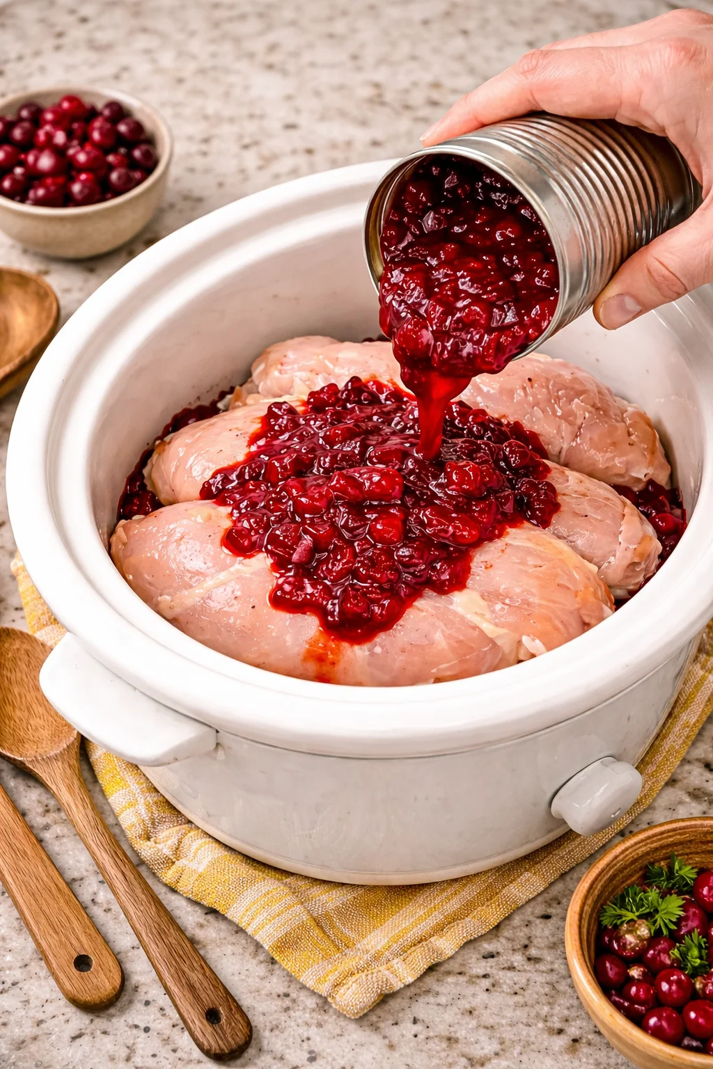 Cranberry-sauced slow-cooker chicken served on a plate