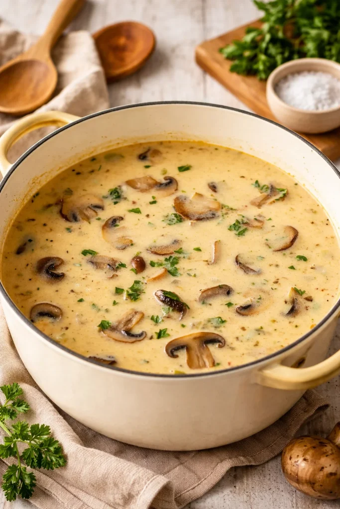 Bowl of creamy mushroom soup with garnishes, perfect for comforting meals.