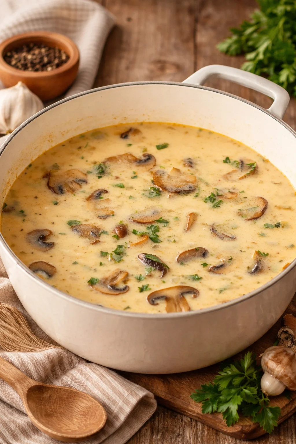 Bowl of rich cream of mushroom soup garnished with herbs