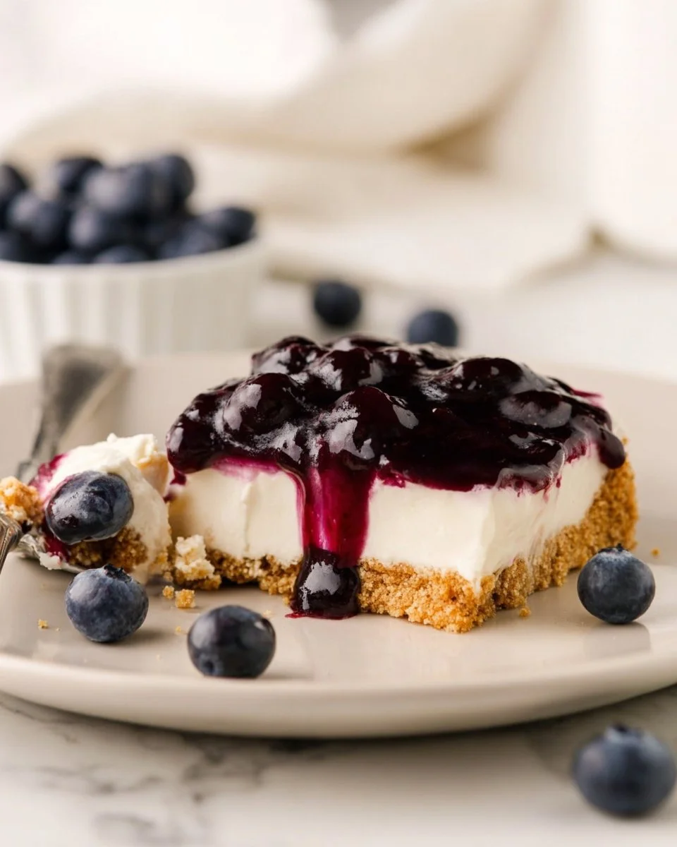 Creamy blueberry delight dessert topped with fresh blueberries and whipped cream