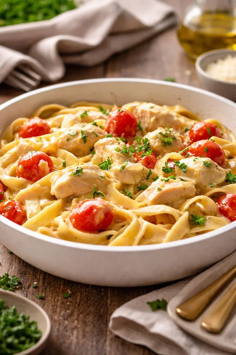 Creamy Chicken Alfredo Pasta Creamy Chicken Alfredo pasta served in a bowl, garnished with parsley.