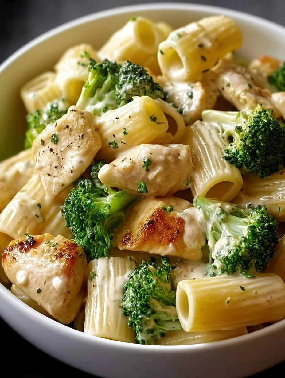 Creamy chicken and broccoli pasta dish served in a bowl with herbs.