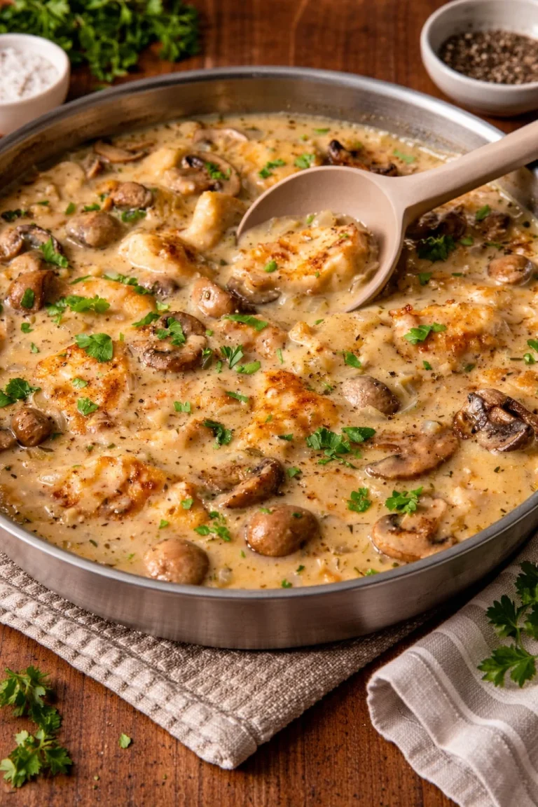 Creamy chicken and mushroom casserole served in a one pan dish