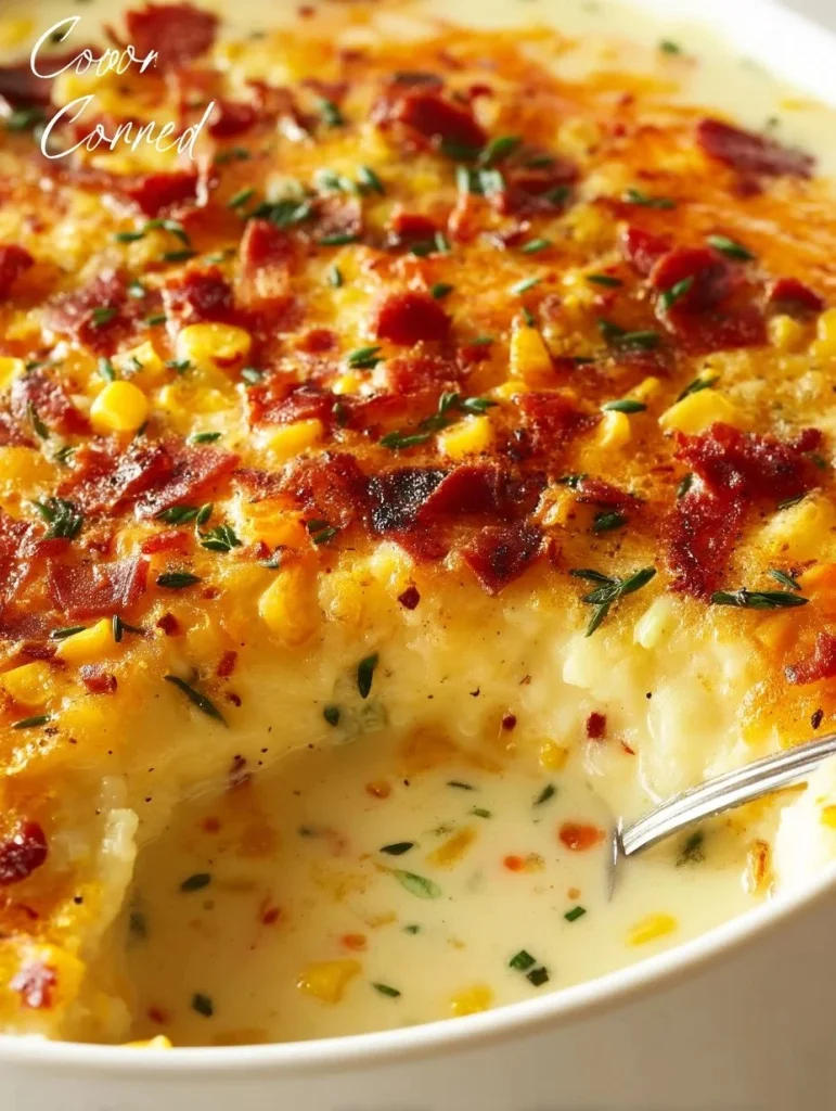 Bowl of creamy corn chowder garnished with herbs