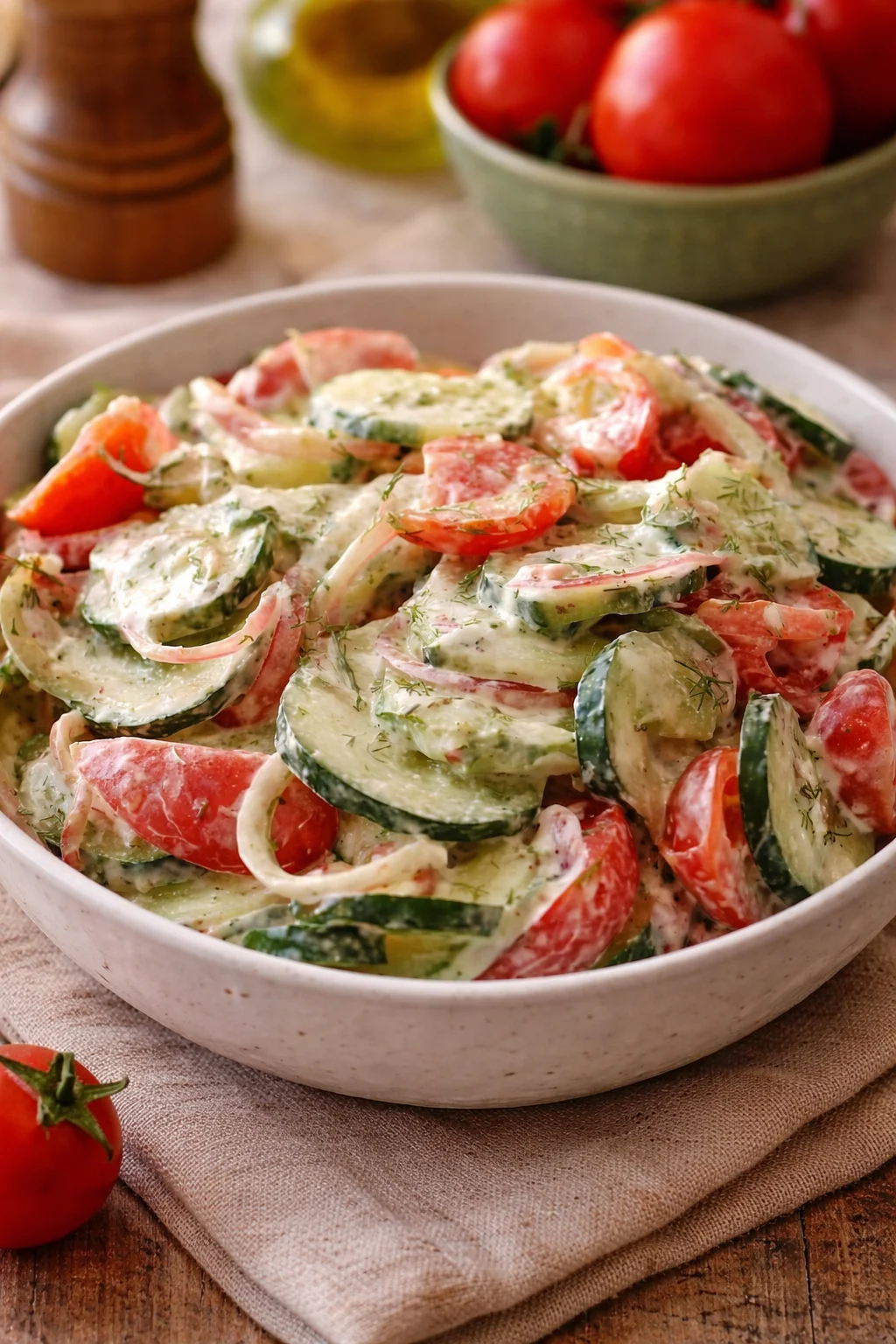 Creamy Cucumber Tomato Salad Creamy cucumber tomato salad with fresh ingredients in a bowl