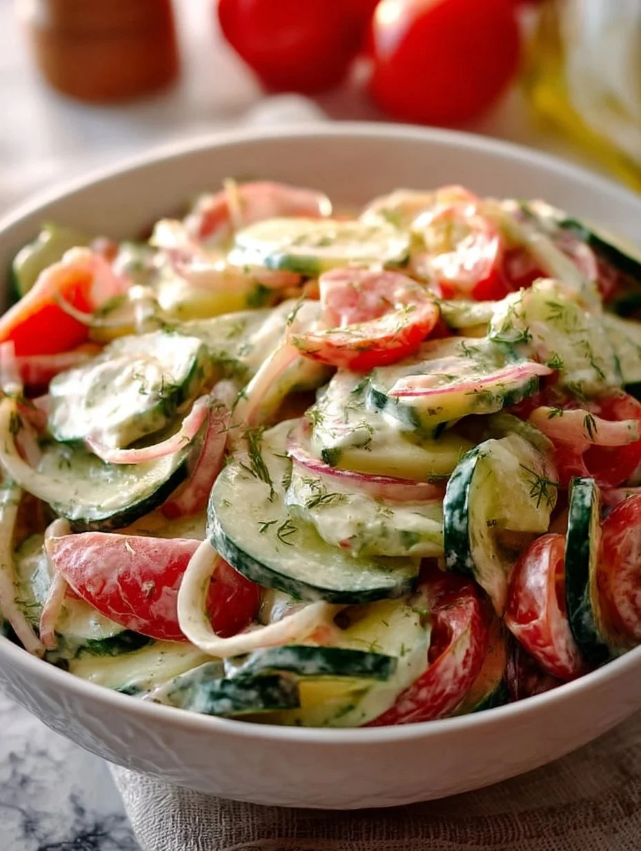 Creamy Cucumber Tomato Salad Creamy Cucumber Tomato Salad with fresh ingredients served in a bowl