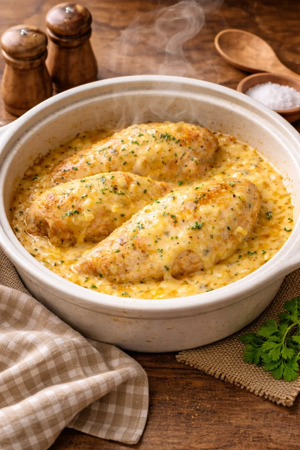 Creamy five-ingredient chicken and pasta dish served in a bowl