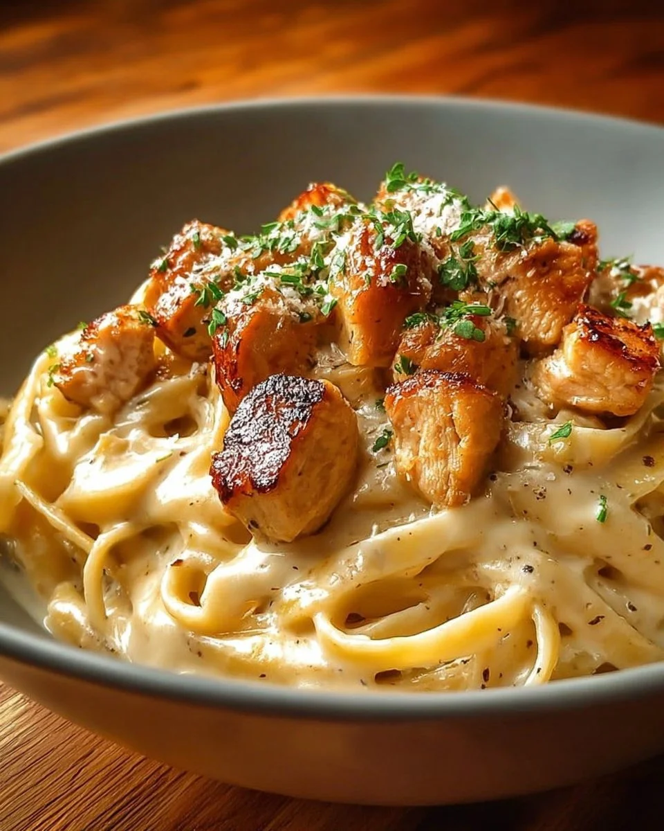 Plate of creamy garlic butter chicken pasta garnished with herbs
