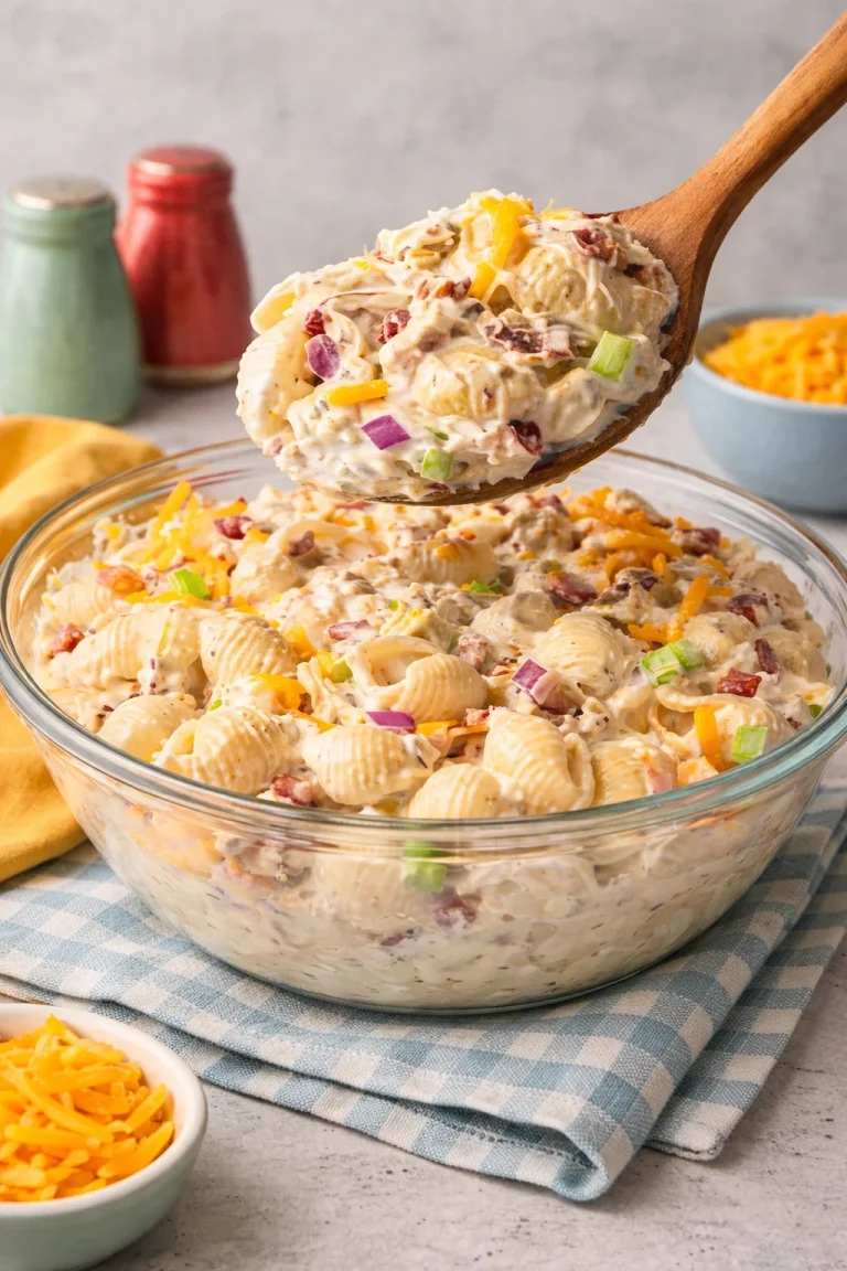 Creamy pasta salad with colorful vegetables in a bowl
