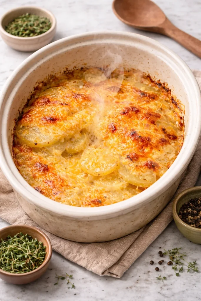 Bowl of creamy potato salad with vegetables and herbs