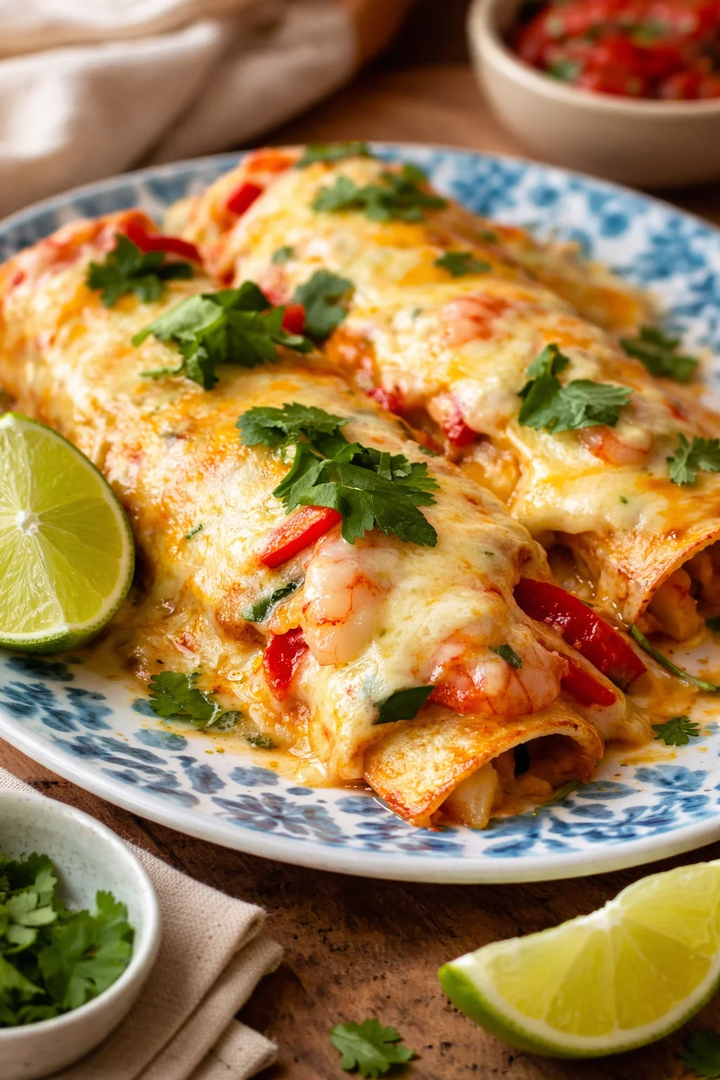 Creamy Shrimp Enchiladas Delicious creamy shrimp enchiladas served with a savory sauce.