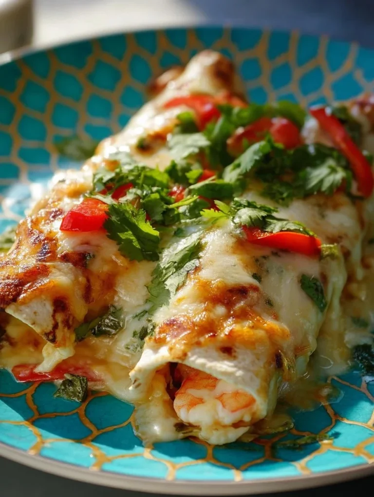 Creamy shrimp enchiladas topped with cheese and served with fresh garnishes.