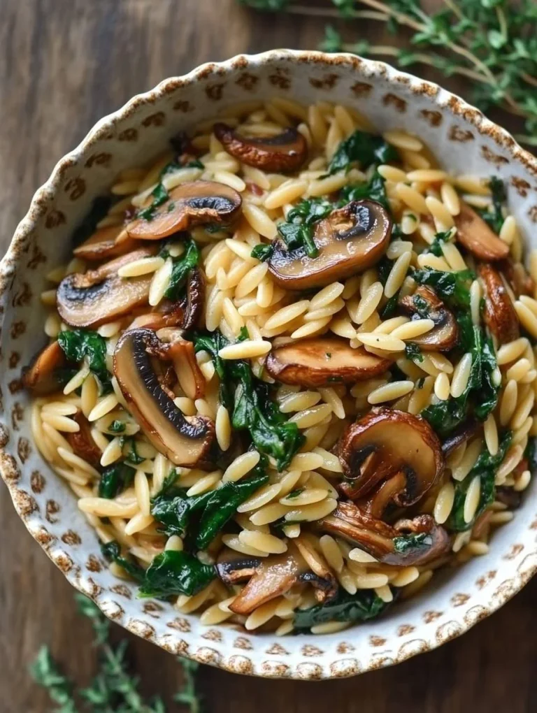 Creamy spinach mushroom orzo dish with garlic paprika sauce