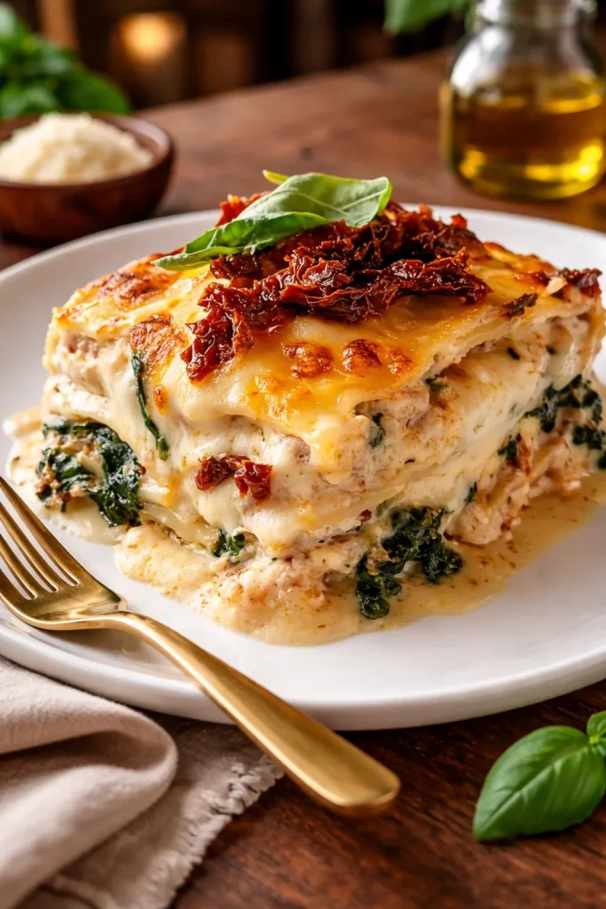 Creamy Tuscan Chicken and Rice Casserole served in a baking dish with herbs.