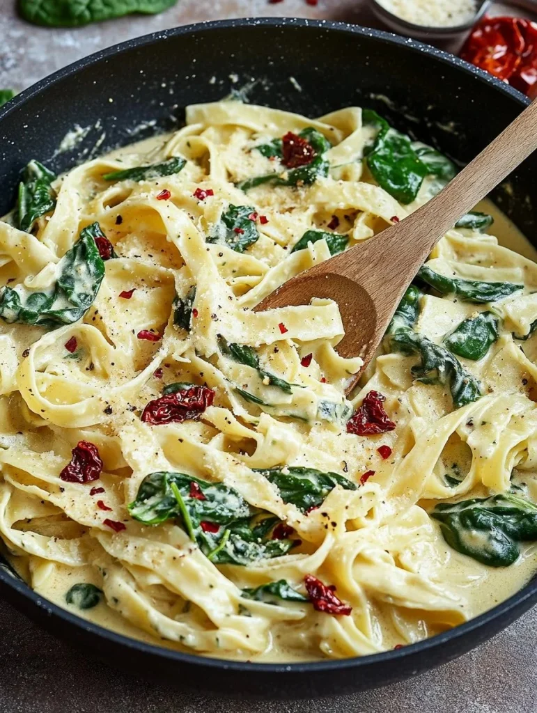Creamy Tuscan chicken pasta with spinach and sun-dried tomatoes on a plate