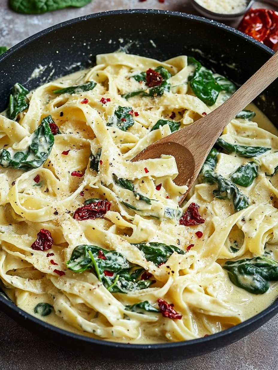Creamy Tuscan Chicken Pasta Creamy Tuscan chicken pasta with spinach and sun-dried tomatoes on a plate
