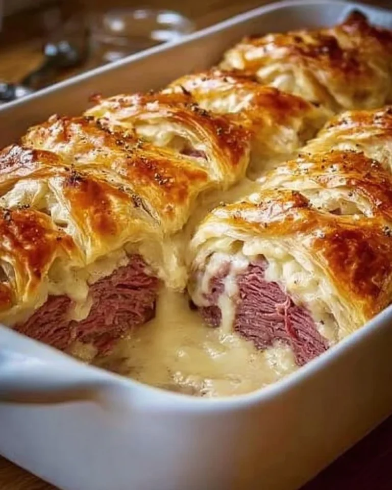 Crescent Reuben Bake dish served on a plate, showcasing layers of corned beef and cheese.