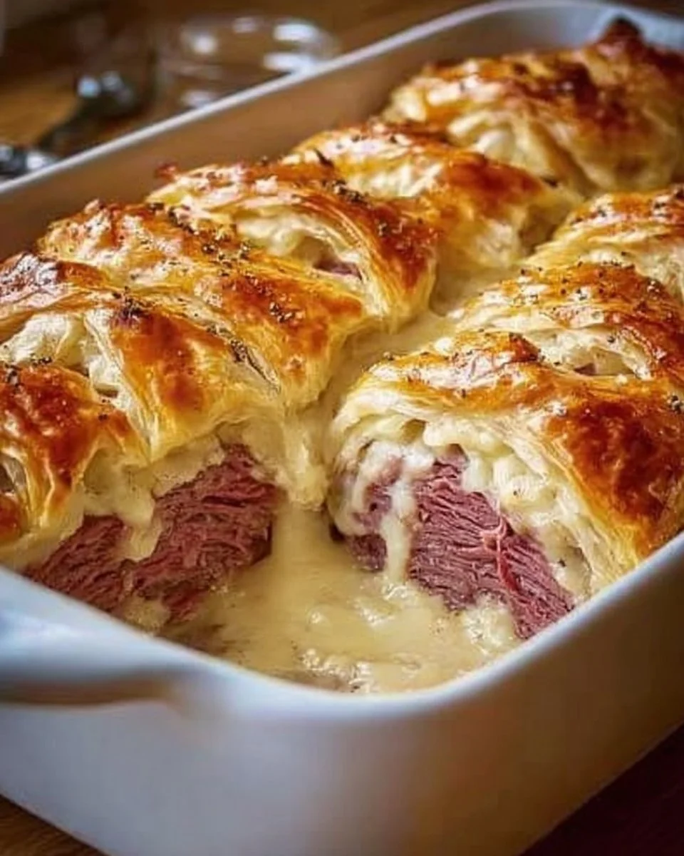 Crescent Reuben Bake dish served on a plate, showcasing layers of corned beef and cheese.