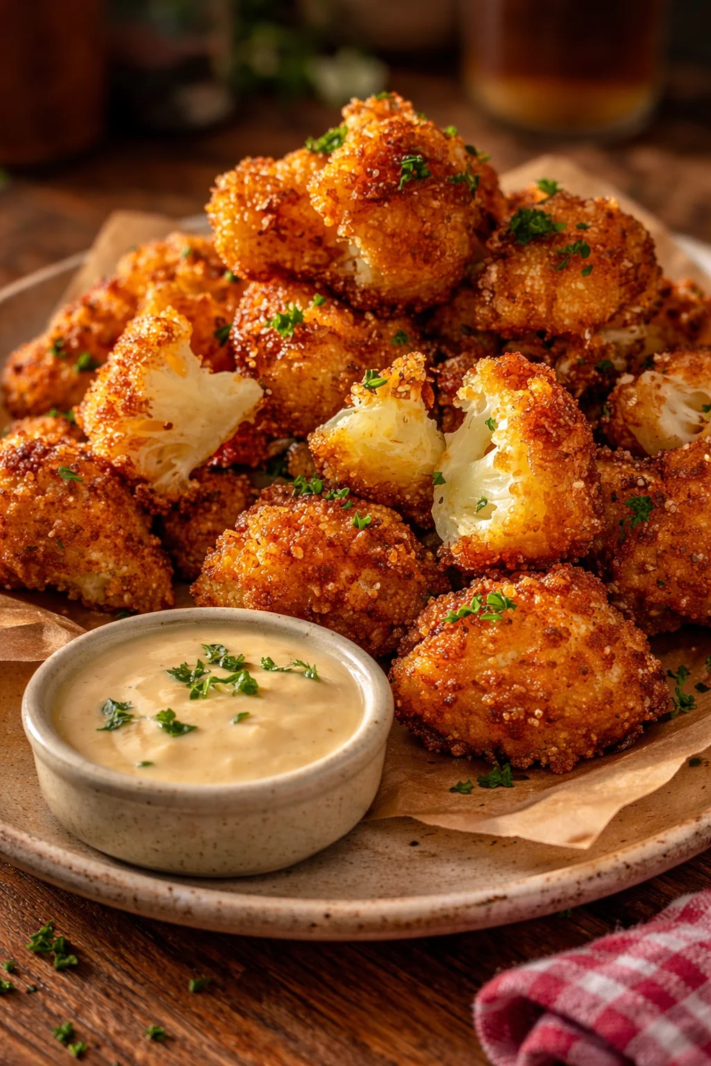 Crispy Air-Fried Cauliflower with Cheese and Garlic Crispy air-fried cauliflower garnished with cheese and garlic
