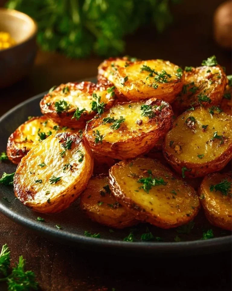 Bowl of crispy air fryer potatoes garnished with herbs