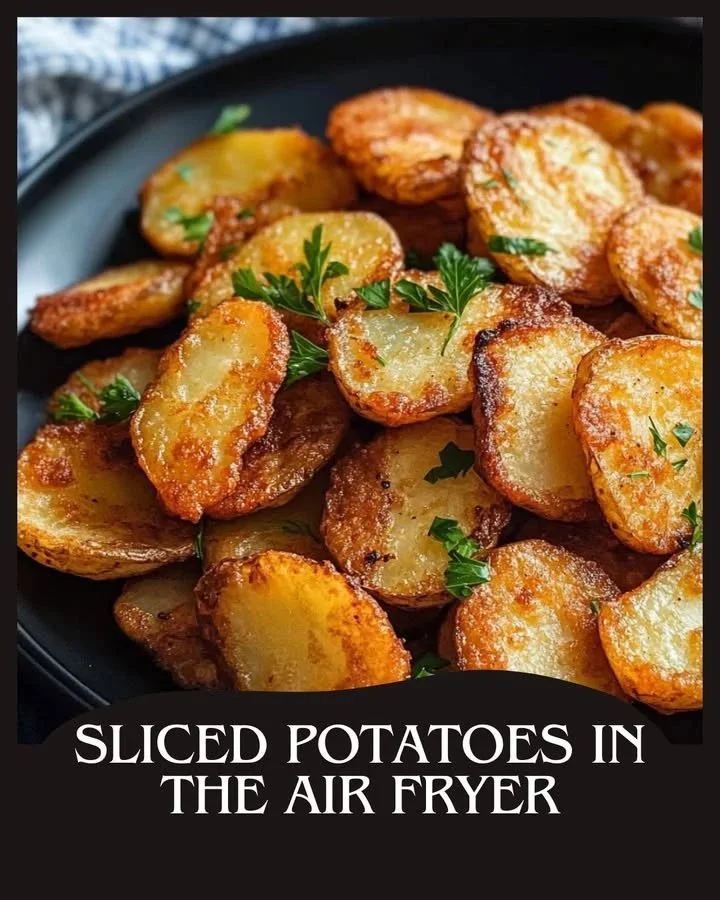 Crispy air fryer potatoes garnished with herbs on a plate.