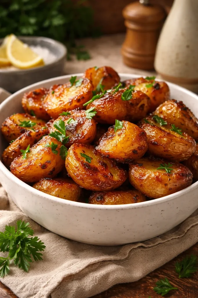 Crispy garlic butter baby potatoes garnished with herbs