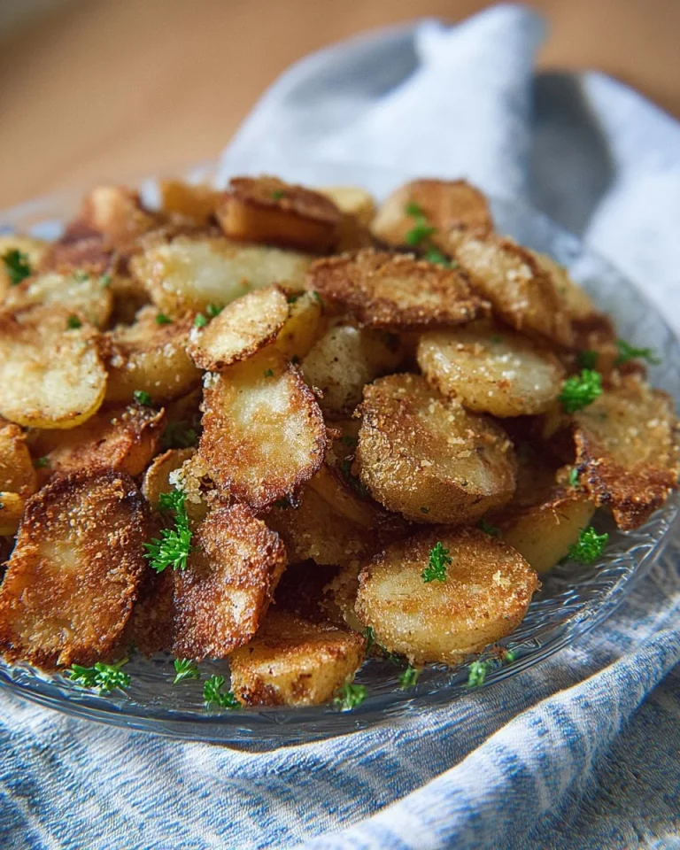Deliciously crispy garlic parmesan potatoes garnished with fresh herbs.